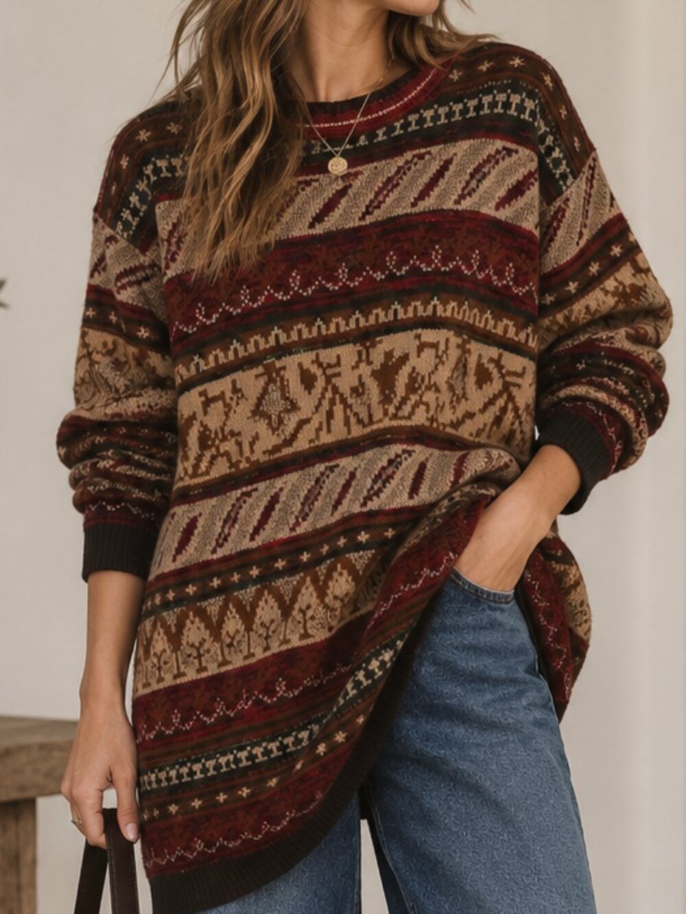 Vintage Oversized Liz Claiborne Wool Mix Crew Neck Sweater Brown Beige Metallic